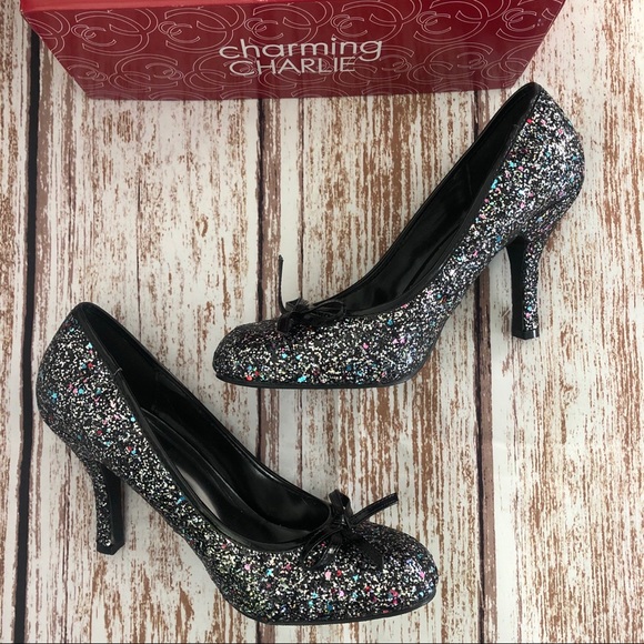 New Charming Charlie Black Sparkle Heels Size 10 - Picture 1 of 8